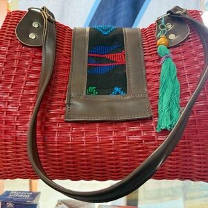 Artisan handmade Red Woven Handbag with Brown Accents